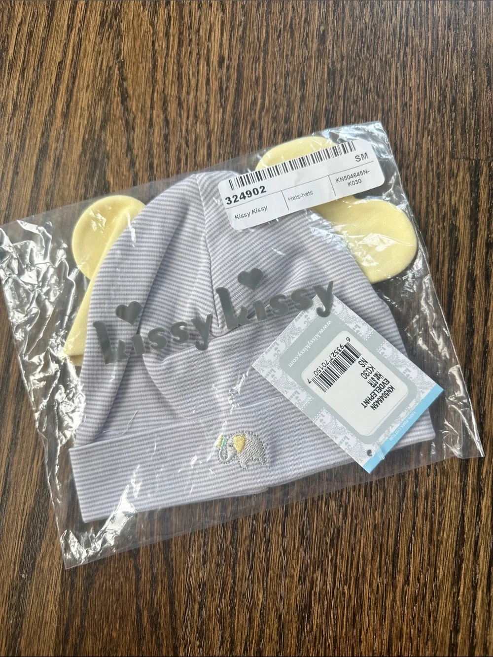Kissy Kissy Baby Ear Hat in Light Gray with Yellow Ears Small NWT - Unopened